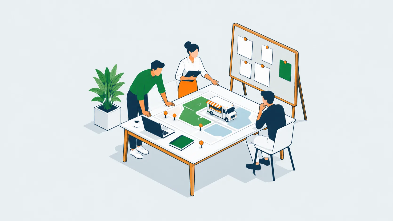 Illustration of a small team of three people planning around a table with a map shape and a toy food truck model, next to a pinboard.