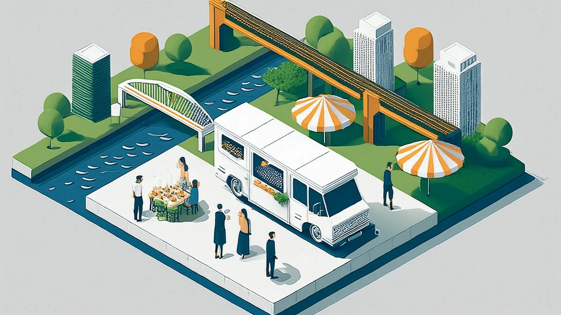 Illustration of a white food truck on a paved riverside plaza, with a river, a small footbridge, an elevated train track and city towers behind, people ordering and a table of food.