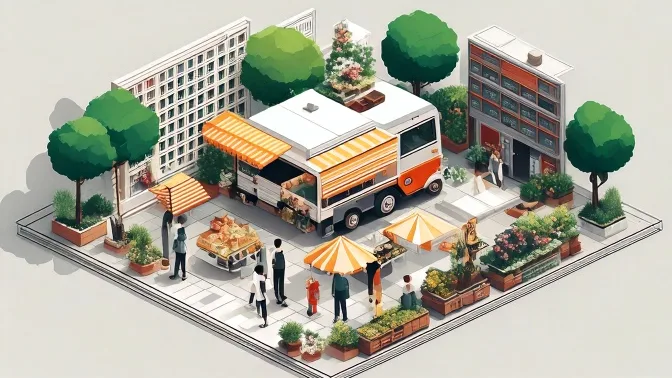 Office staff lining up at a food truck parked in a company parking lot at lunchtime