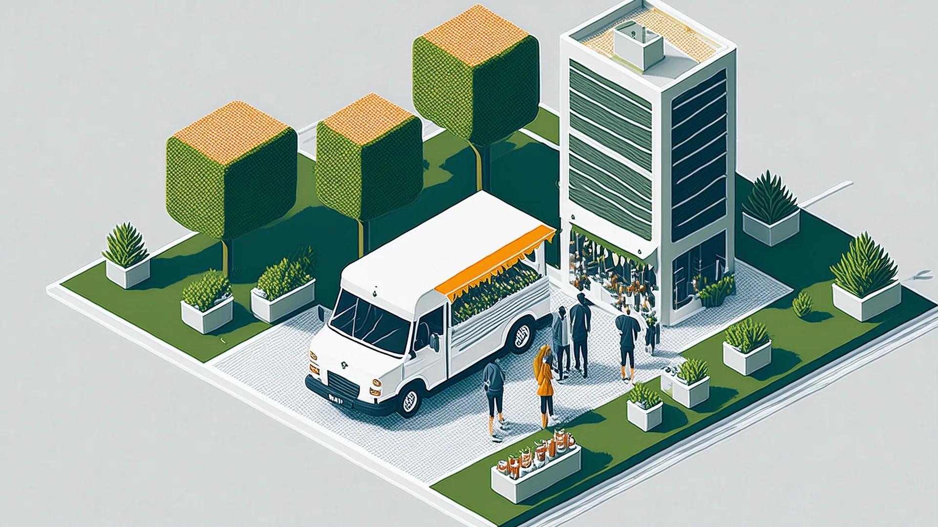 Illustration of a white food truck on an office plaza beside a tall office building, with a small group of workers lining up among planters and trimmed trees.