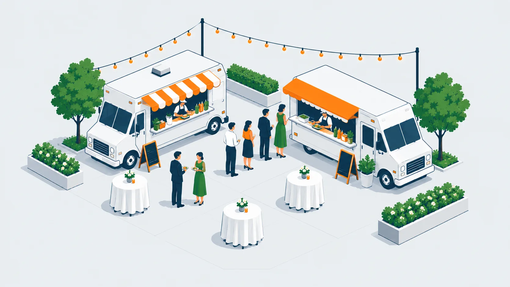 A catering food truck serving a line of guests at an outdoor event
