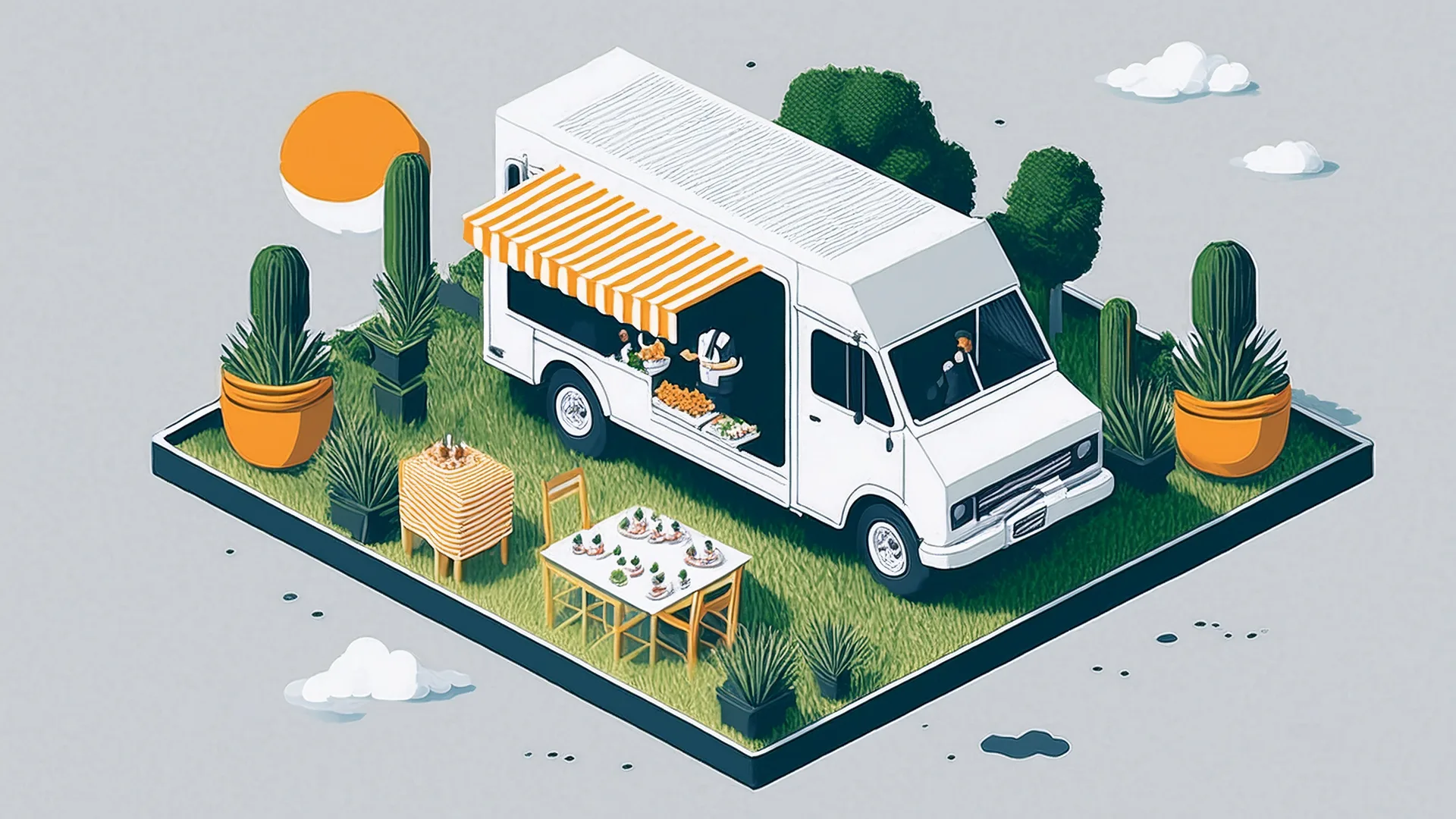 Illustration of a white food truck with its serving window open and one server inside, an orange and white striped awning, and a small table of food set out on a grass tile with potted plants, and no customers.