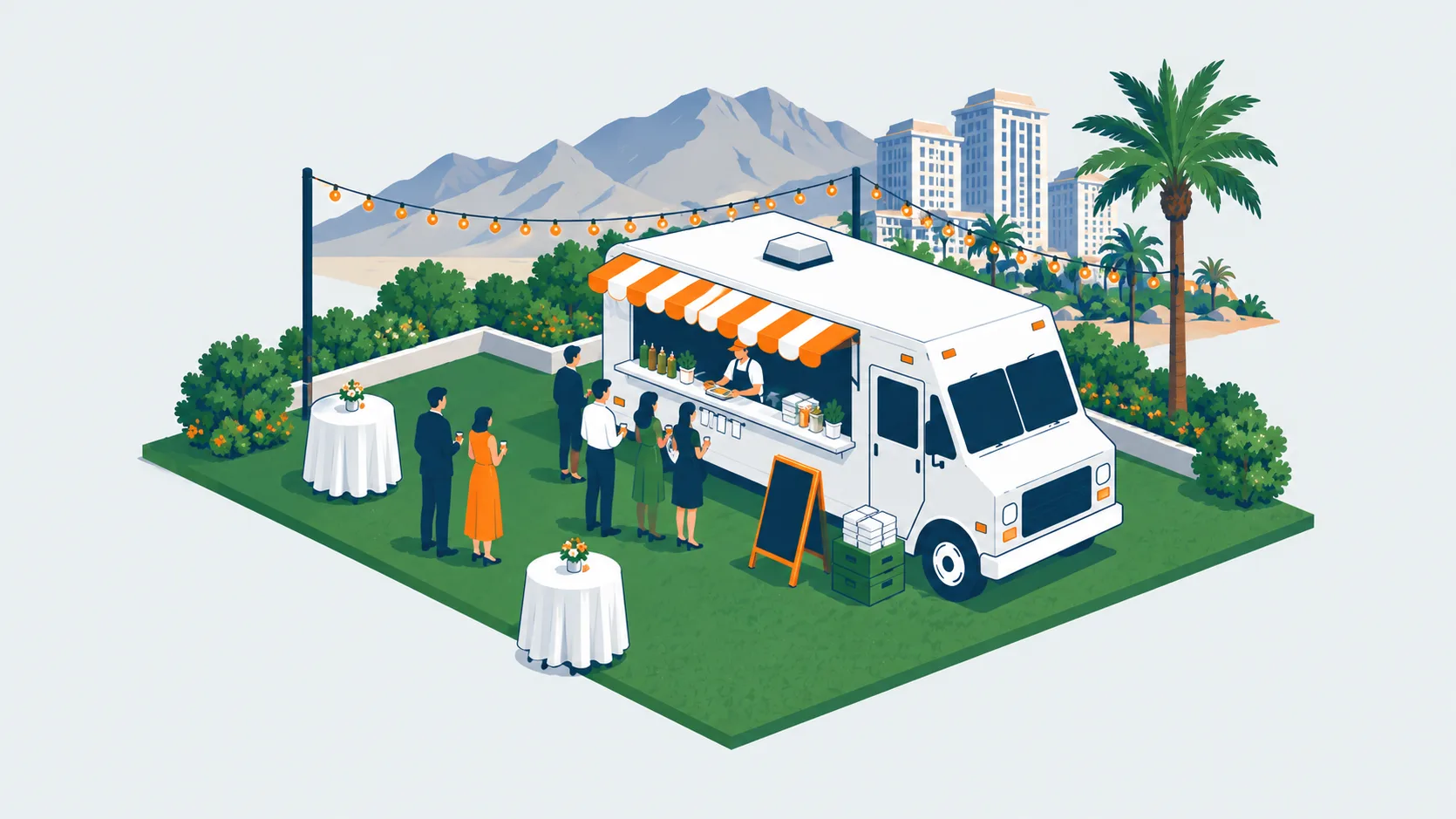 A food truck serving guests at an evening event in Las Vegas