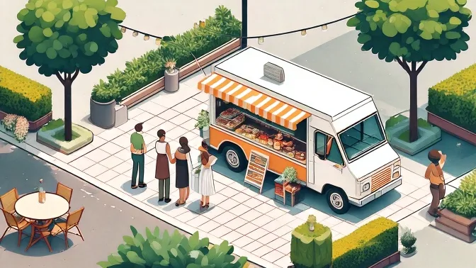 A food truck serving a line of guests at a Los Angeles event