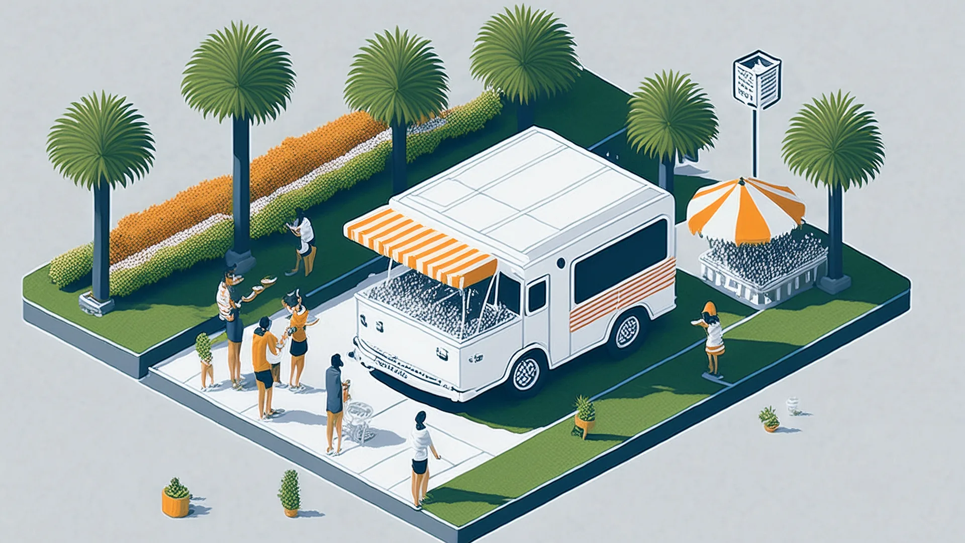 Illustration of a white food truck with an orange striped awning on a sunny corner lined with tall palm trees, and a group of people ordering at the window.