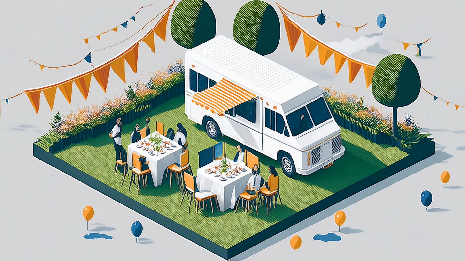 Illustration of a white food truck at a backyard party on a lawn, with orange bunting and balloons overhead and guests seated at two long tables with white cloths.