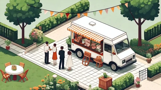 Friends and family gathered around a food truck at a backyard birthday party