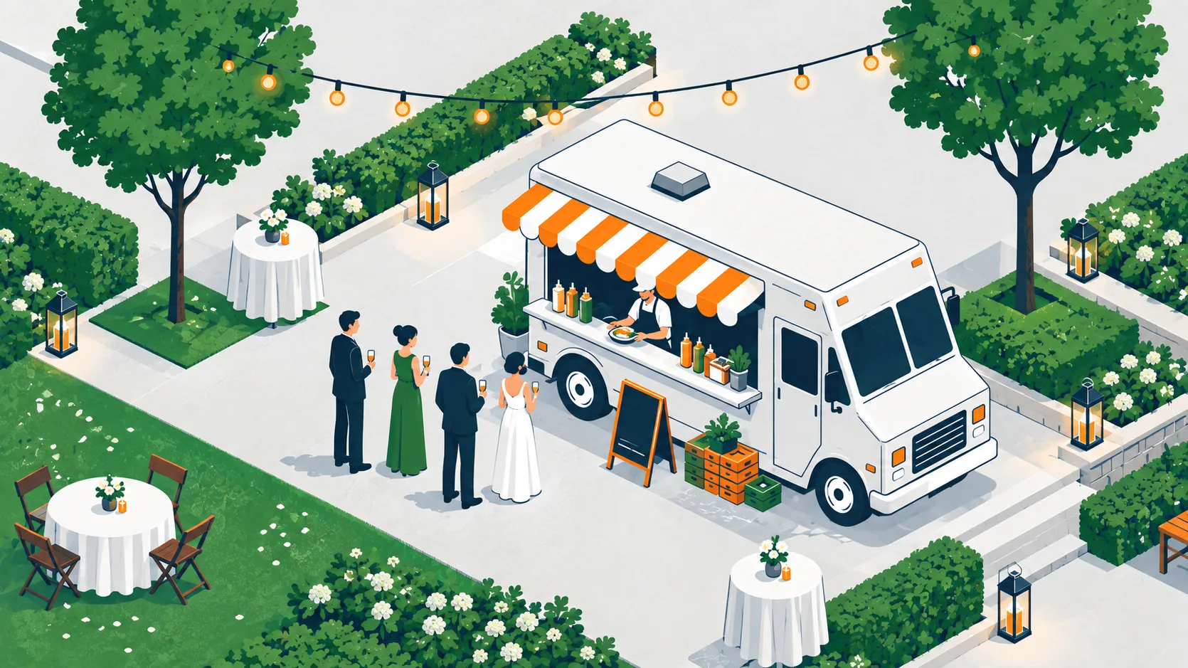 Wedding guests in their best clothes lining up at a food truck window at an outdoor reception